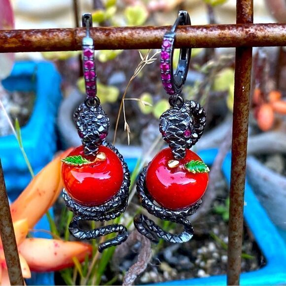 First People First Gun Metal Snake & Red Forbidden Apple Earrings. NWOT - Picture 6 of 9